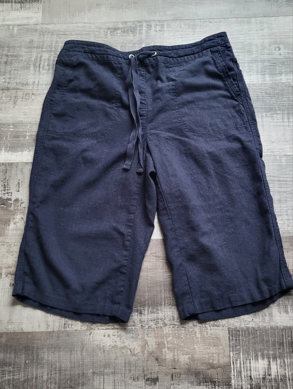 Per Se Linen Blend Bermuda Shorts Womens Medium Navy Pull On Modest Casual